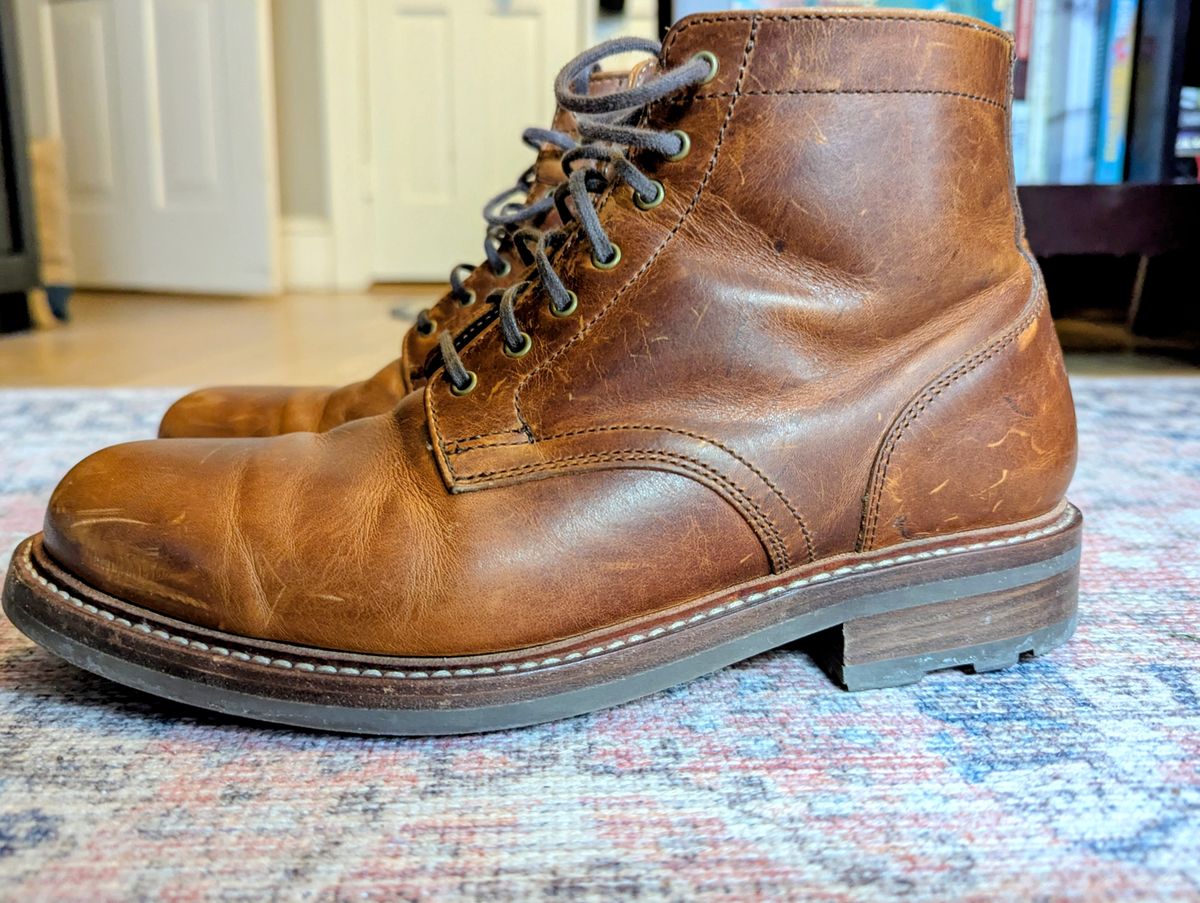 Photo by pilechko on January 2, 2026 of the Caswell Boot Company Lisbon in C.F. Stead Caramel Classic Oiled Shoulder.