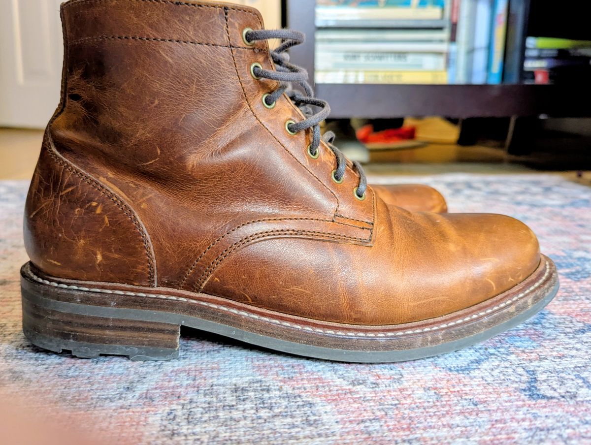 Photo by pilechko on January 2, 2026 of the Caswell Boot Company Lisbon in C.F. Stead Caramel Classic Oiled Shoulder.