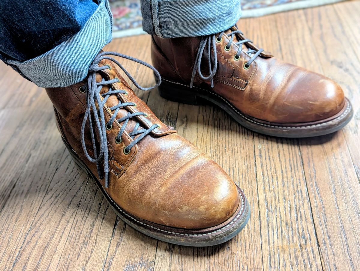 Photo by pilechko on April 1, 2026 of the Caswell Boot Company Lisbon in C.F. Stead Caramel Classic Oiled Shoulder.
