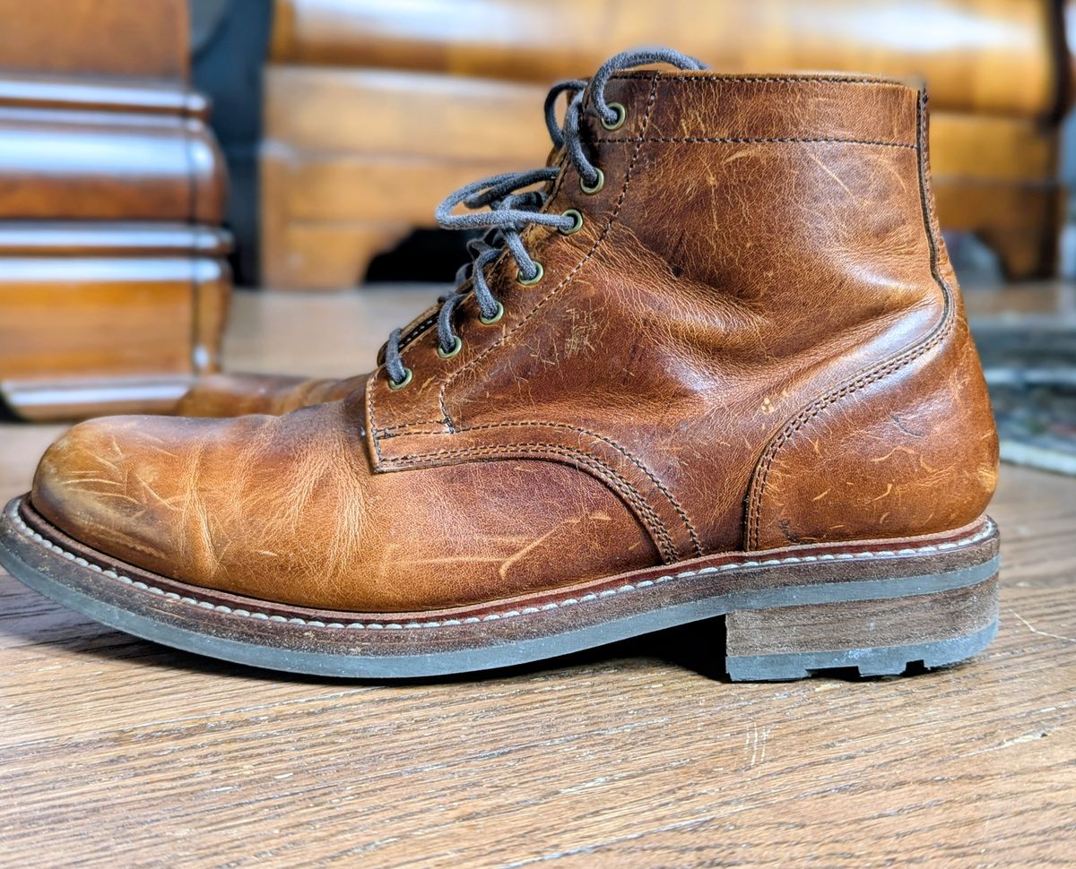 Photo by pilechko on April 1, 2026 of the Caswell Boot Company Lisbon in C.F. Stead Caramel Classic Oiled Shoulder.