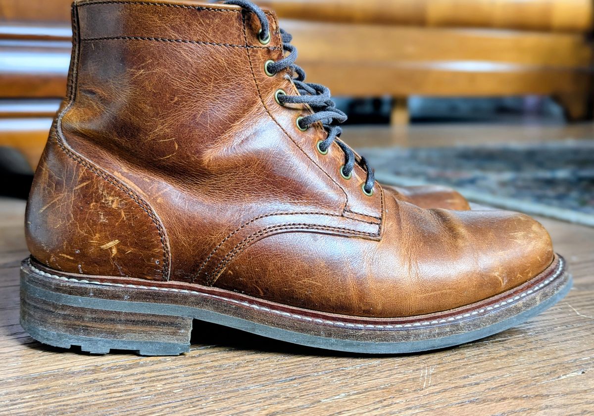 Photo by pilechko on April 1, 2026 of the Caswell Boot Company Lisbon in C.F. Stead Caramel Classic Oiled Shoulder.