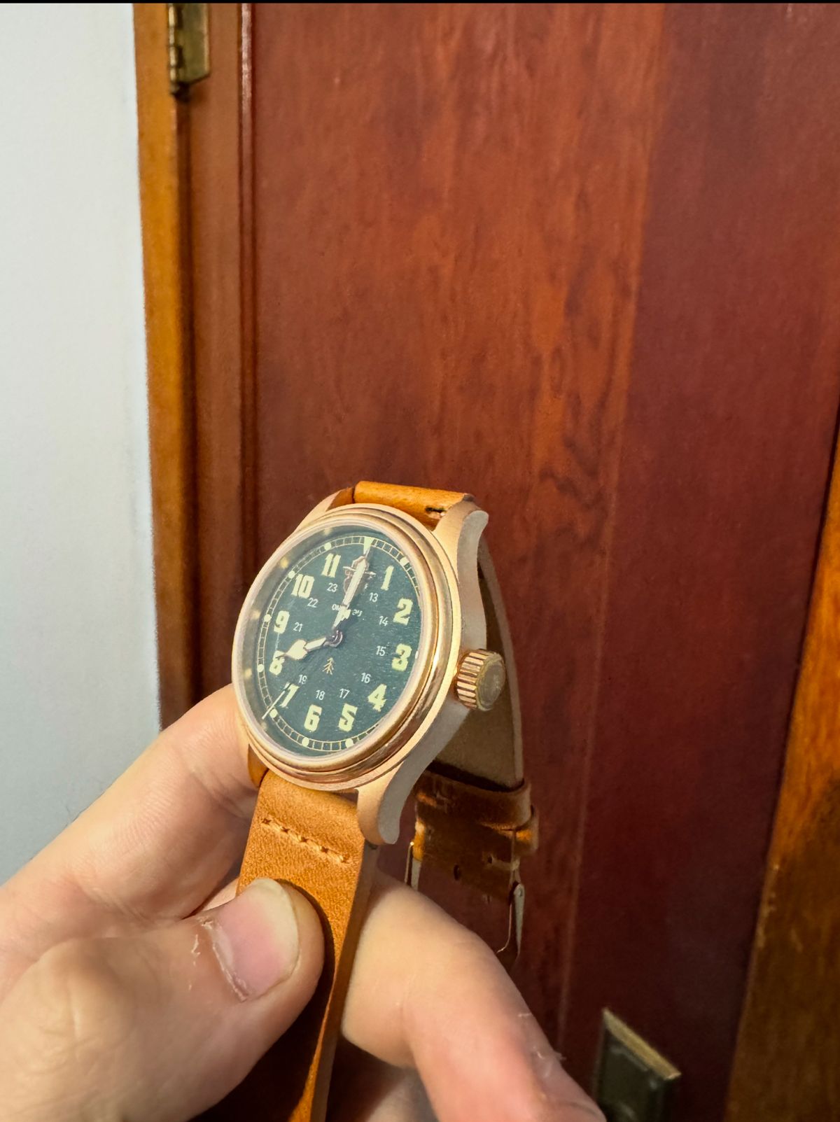 Photo by cason on November 20, 2024 of the Vero Watch Company Smoky 80th Anniversary, Forest Green in Unknown Leather.