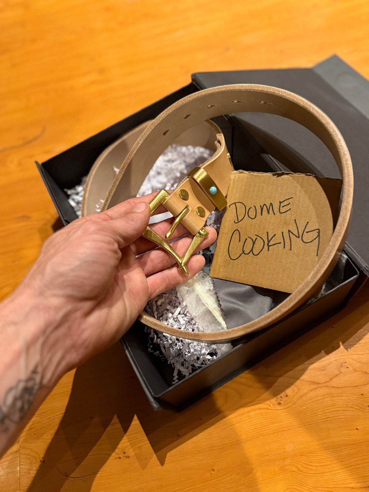 Photo by Oldskoolcowboy on November 1, 2025 of the Brass Blade Custom in J&FJ Bakers Oak Bark Bridle Butt 14oz.