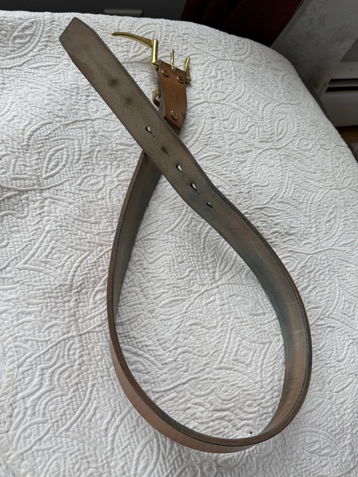 Photo by Oldskoolcowboy on March 5, 2026 of the Brass Blade Custom in J&FJ Bakers Oak Bark Bridle Butt 14oz.