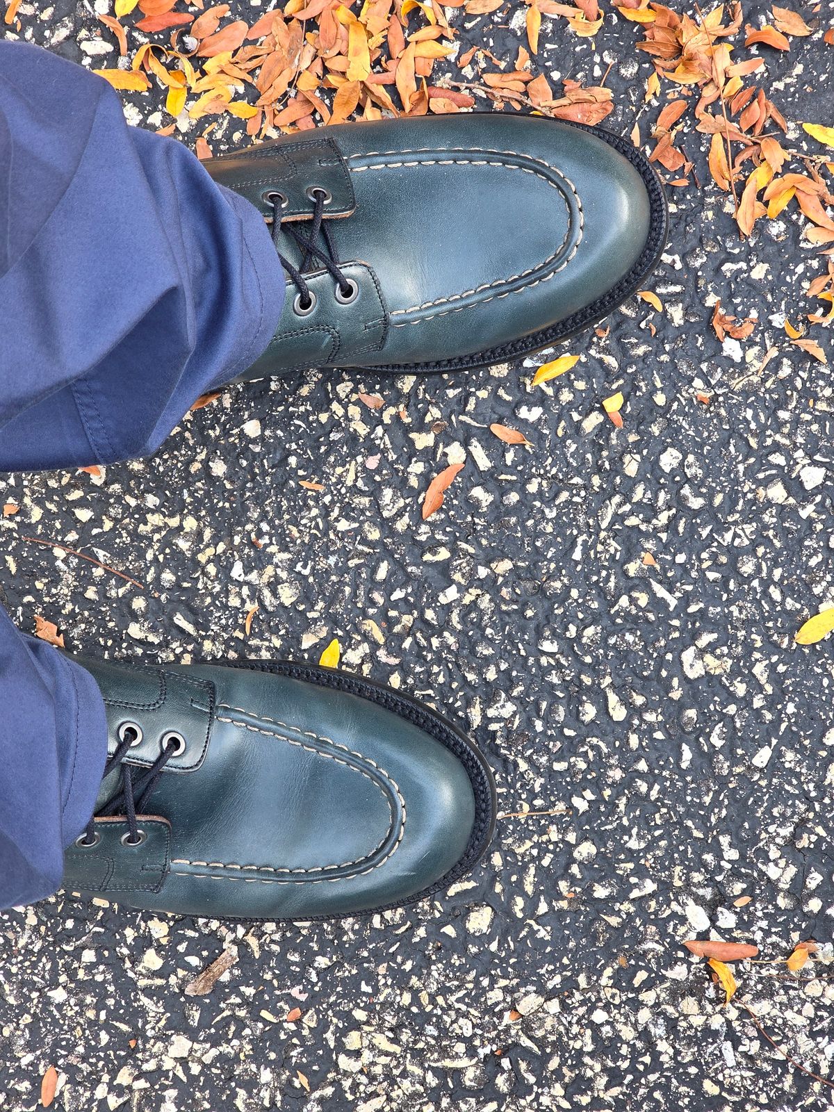 Photo by Dash on October 1, 2025 of the Grant Stone Brass Boot Navy Chromexcel in Chromexcel from Horween.