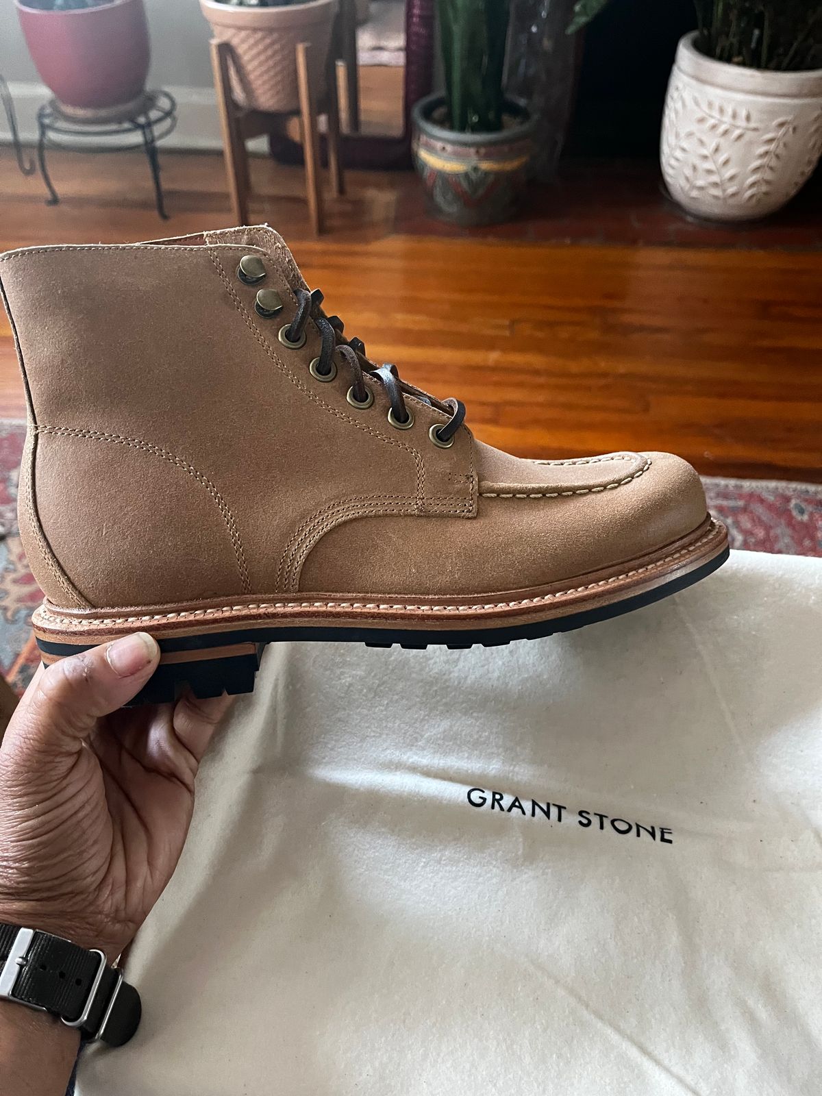Photo by RgrDJ73 on March 25, 2026 of the Grant Stone Brass Boot in C.F. Stead Natural Waxy Commander Suede.