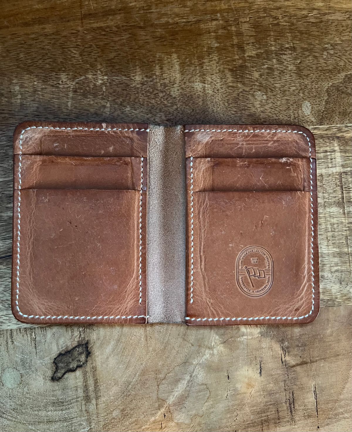 Photo by spiritualized50 on February 5, 2026 of the JHM Wood And Leather Crafts Vertical Wallet in Horween Natural Dublin.