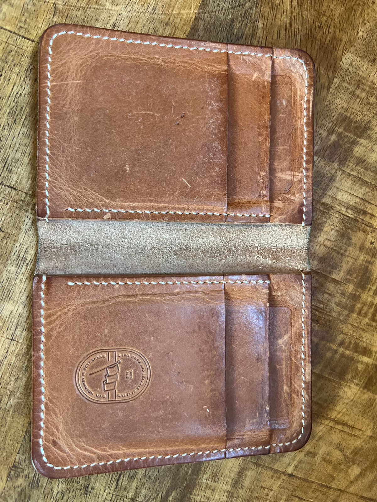 Photo by spiritualized50 on April 5, 2026 of the JHM Wood And Leather Crafts Vertical Wallet in Horween Natural Dublin.