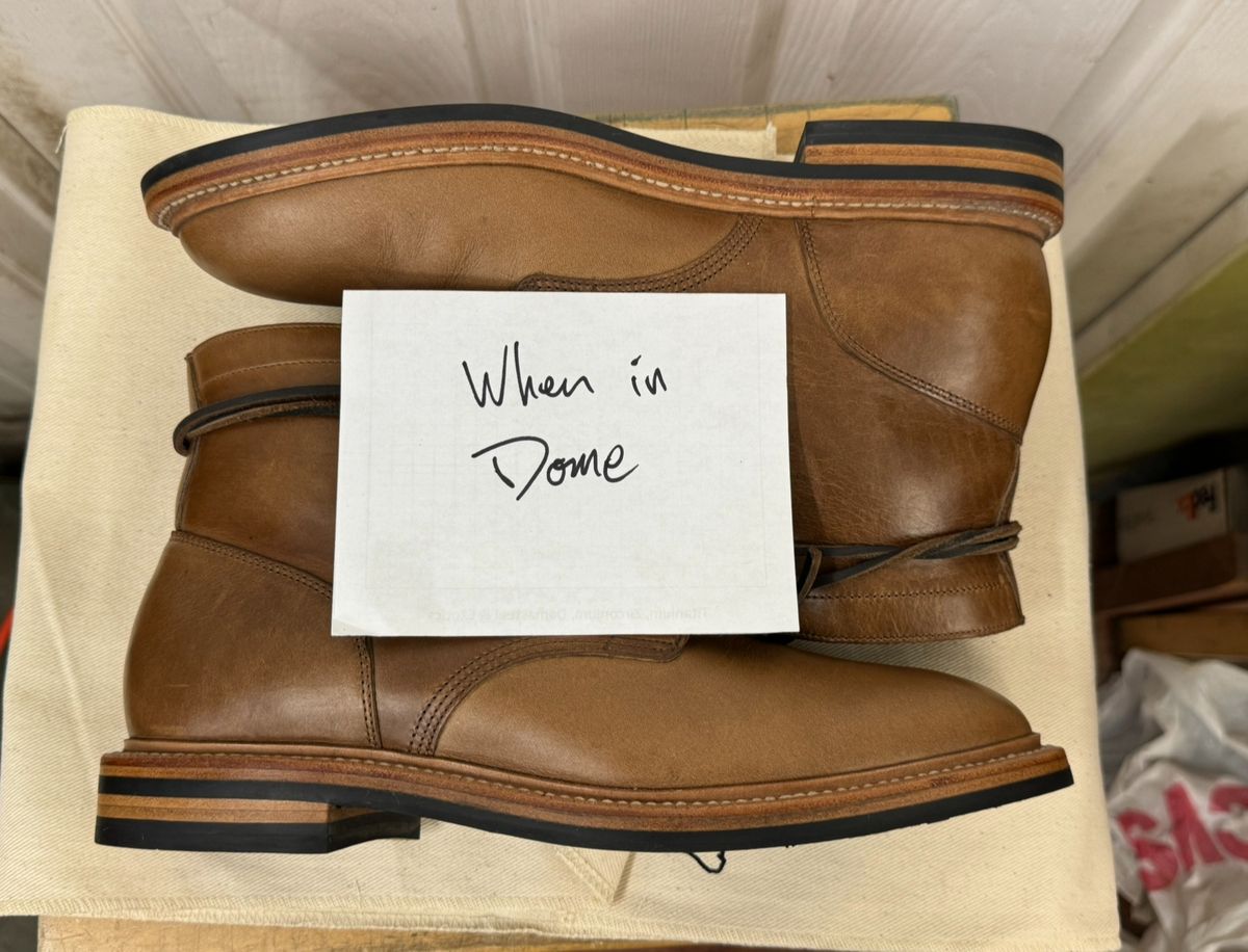Photo by edwardrknives on November 5, 2024 of the Grant Stone Diesel Boot in Horween Dune Chromexcel.