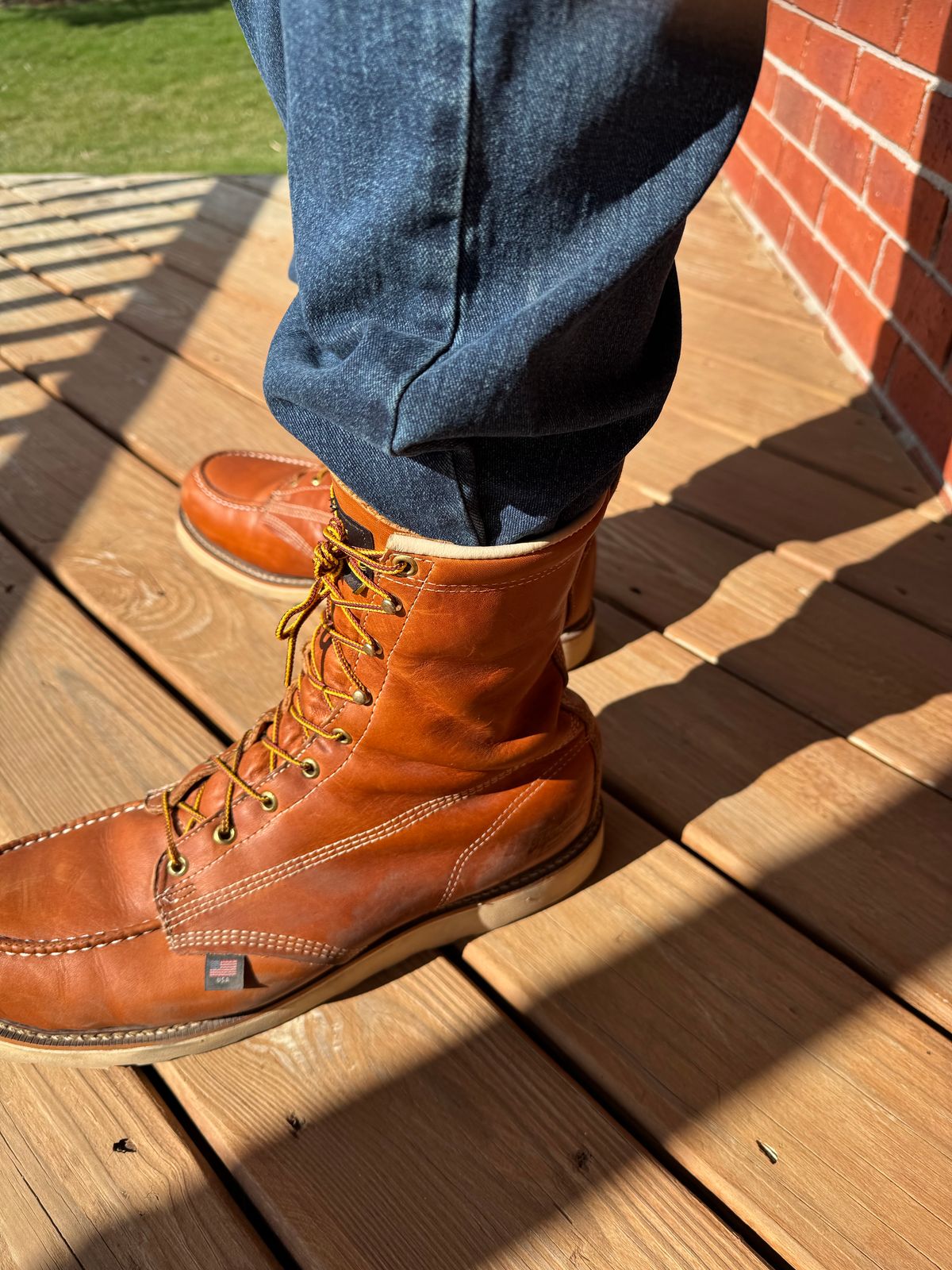 Photo by thwompd on March 26, 2025 of the Thorogood American Heritage 8" Moc Toe in Tobacco Gladiator Oil-Tanned.