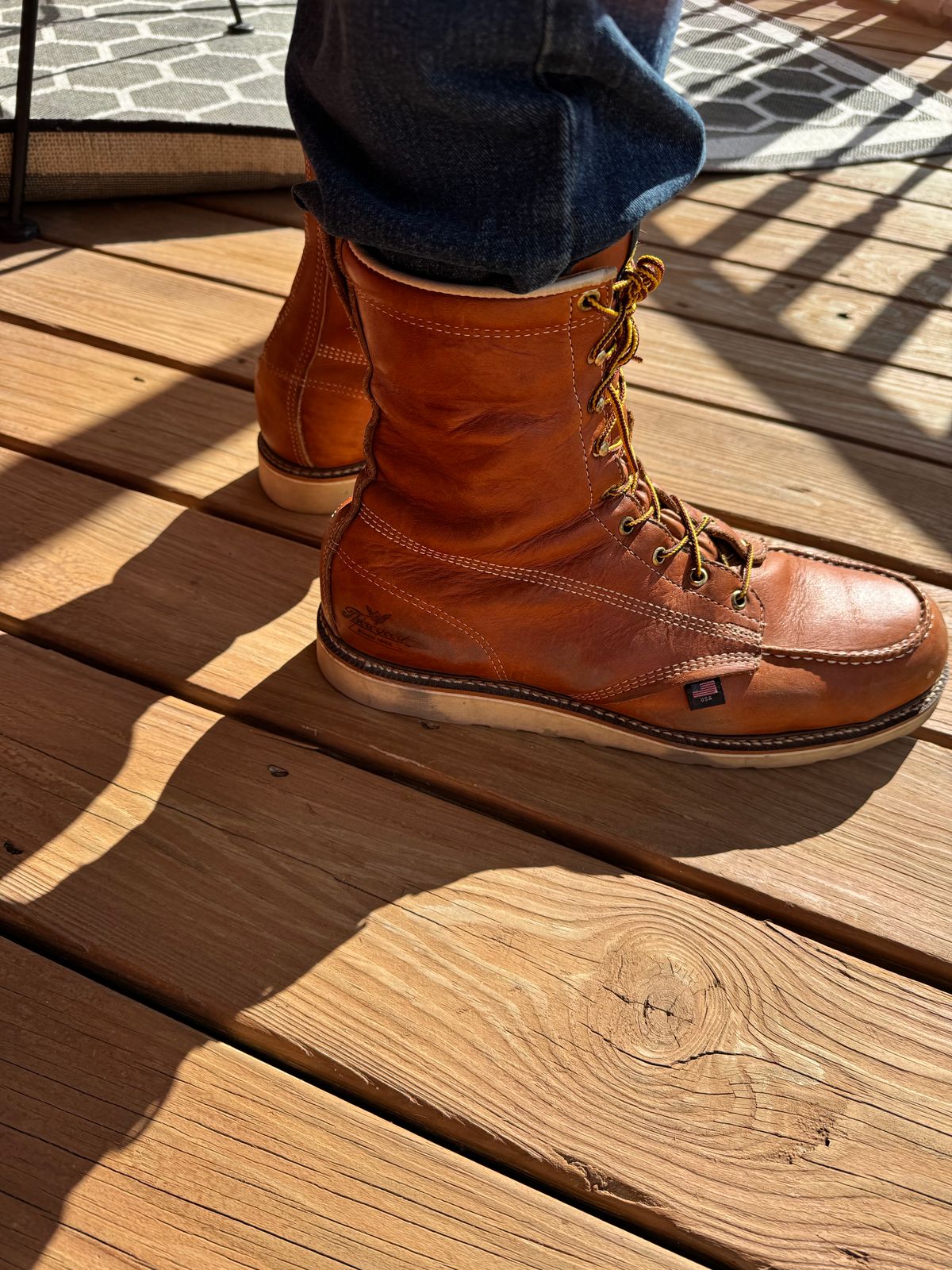 Photo by thwompd on March 26, 2025 of the Thorogood American Heritage 8" Moc Toe in Tobacco Gladiator Oil-Tanned.