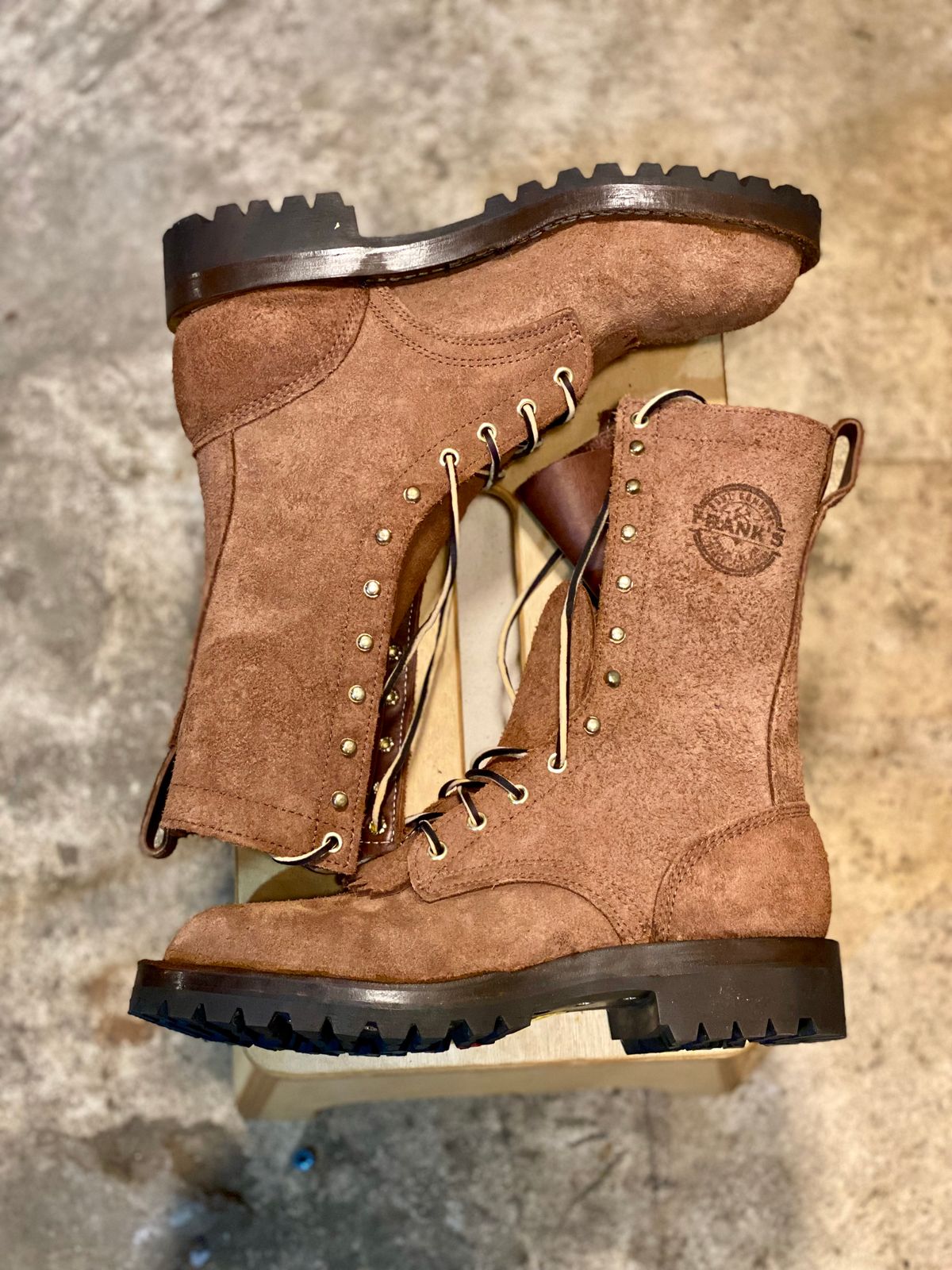 Photo by SerotinousCone on October 2, 2025 of the Frank's Boots Ground Pounder in Seidel Chocolate Oil Tan Roughout.