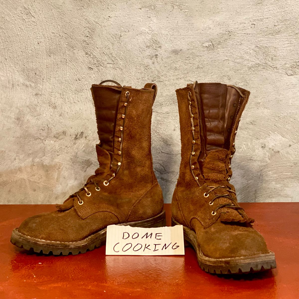 Photo by SerotinousCone on November 5, 2025 of the Frank's Boots Ground Pounder in Seidel Chocolate Oil Tan Roughout.