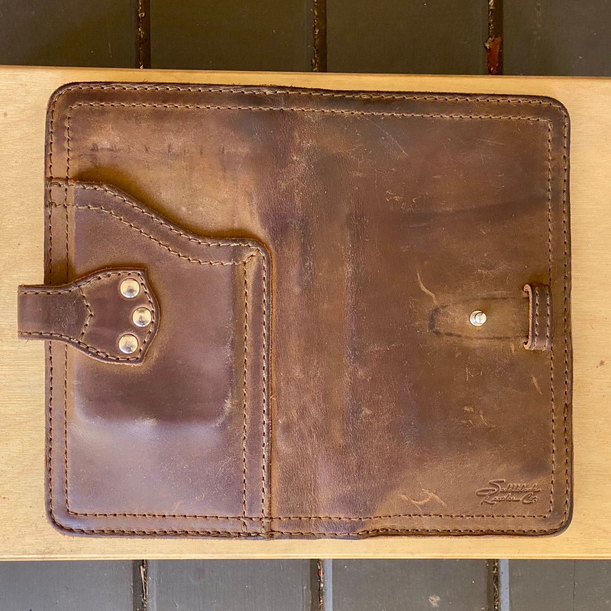 Photo by SerotinousCone on April 3, 2026 of the Saddleback Leather Co. Big Wallet in Tobacco.