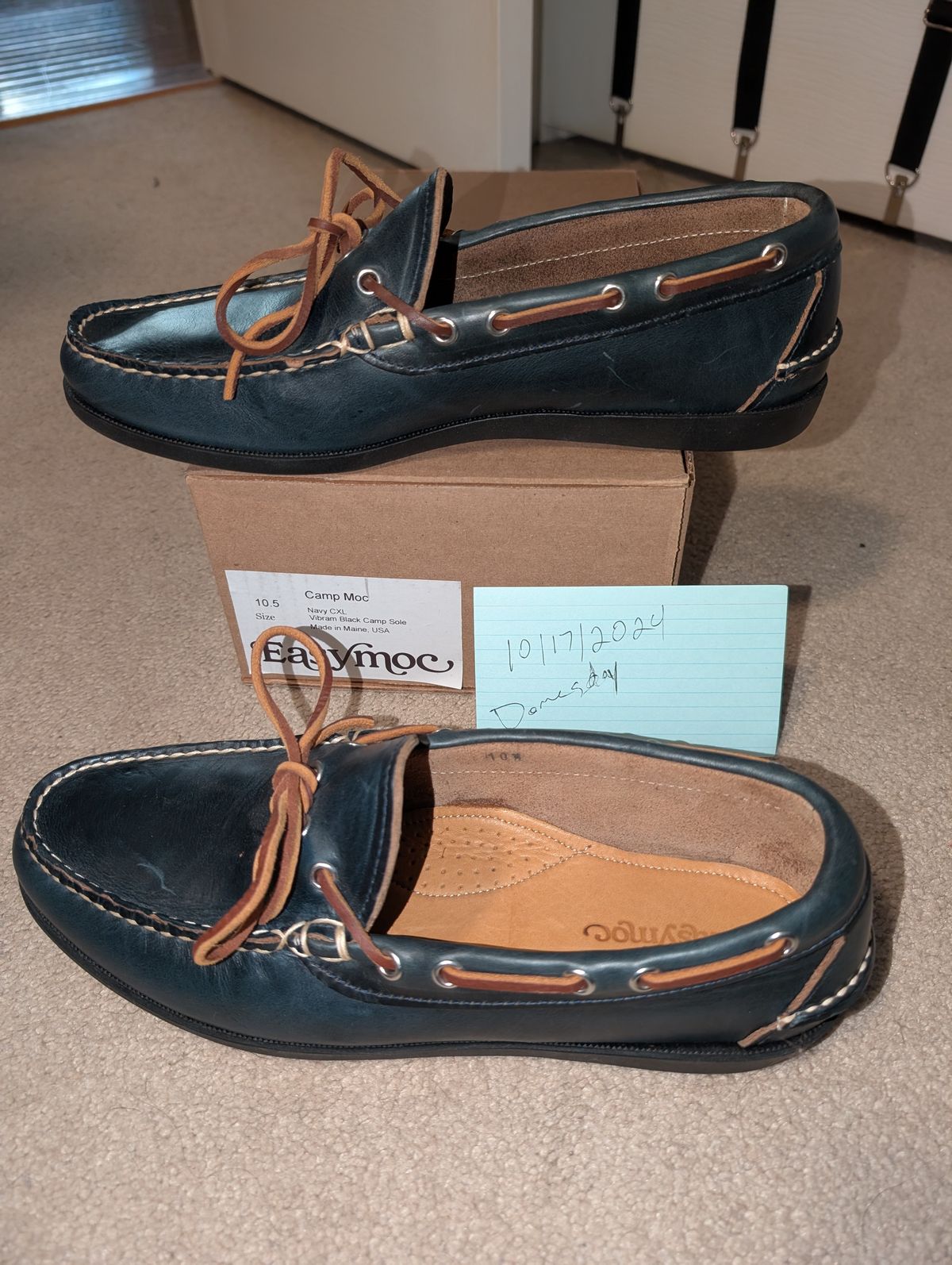 Photo by donkey008 on October 17, 2024 of the Easymoc Camp Moc in Horween Navy Chromexcel.