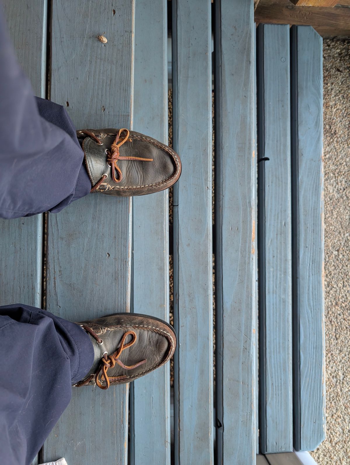 Photo by donkey008 on November 22, 2025 of the Easymoc Camp Moc in Horween Navy Chromexcel.