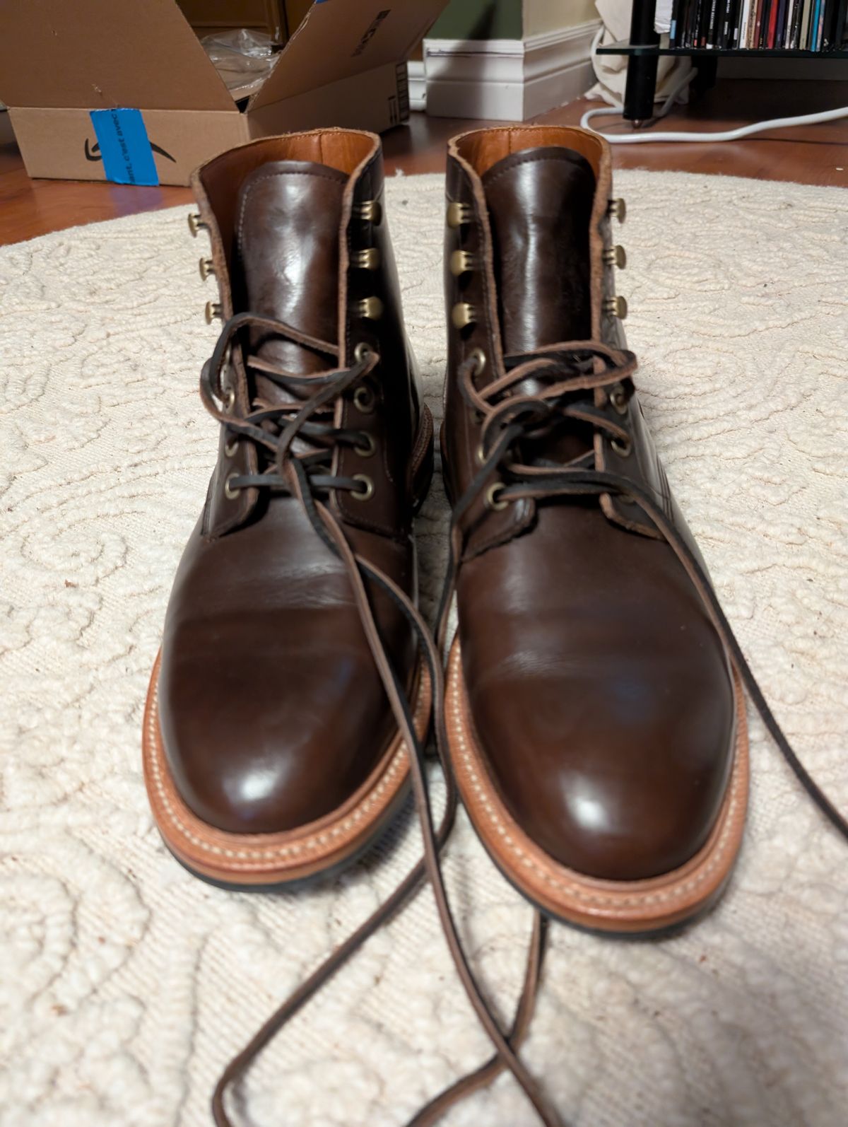 Photo by Spud_Murphy99 on August 28, 2025 of the Grant Stone Diesel Boot in Horween Crimson Chromexcel.