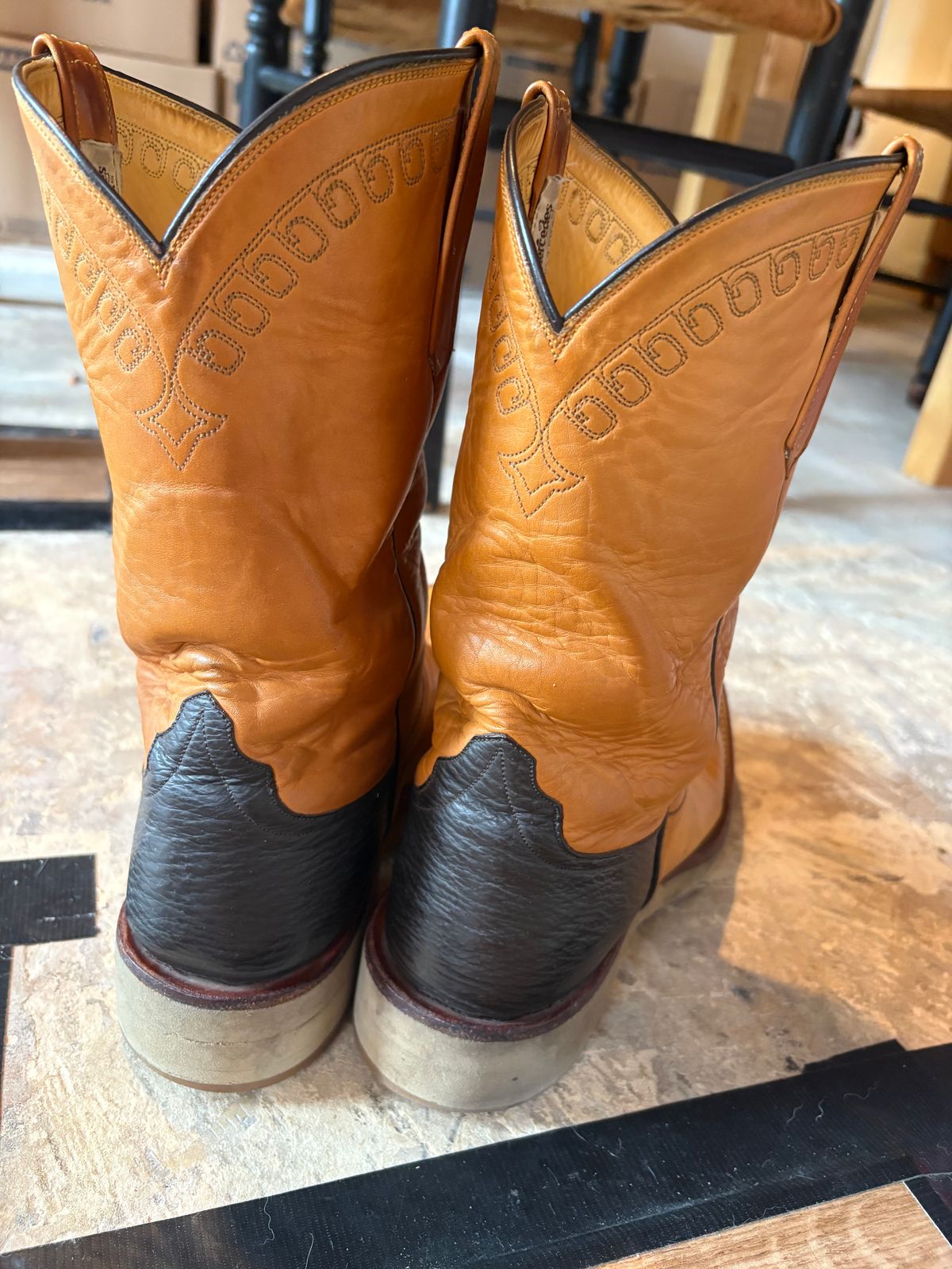 Photo by Glathan on July 4, 2025 of the Rios of Mercedes 9723E in Calf vamps and shafts. Sharkskin heel Counters.