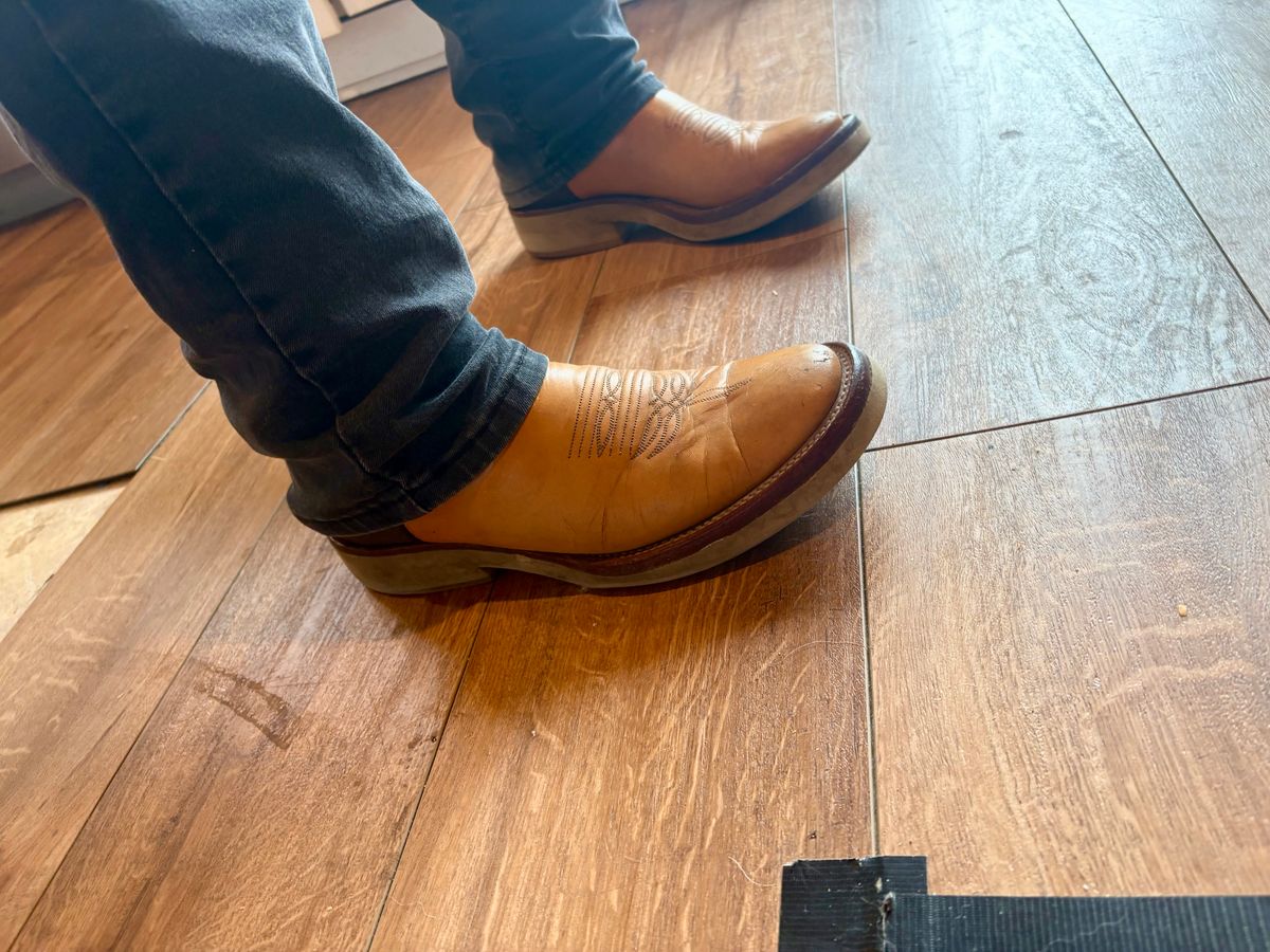 Photo by Glathan on July 4, 2025 of the Rios of Mercedes 9723E in Calf vamps and shafts. Sharkskin heel Counters.