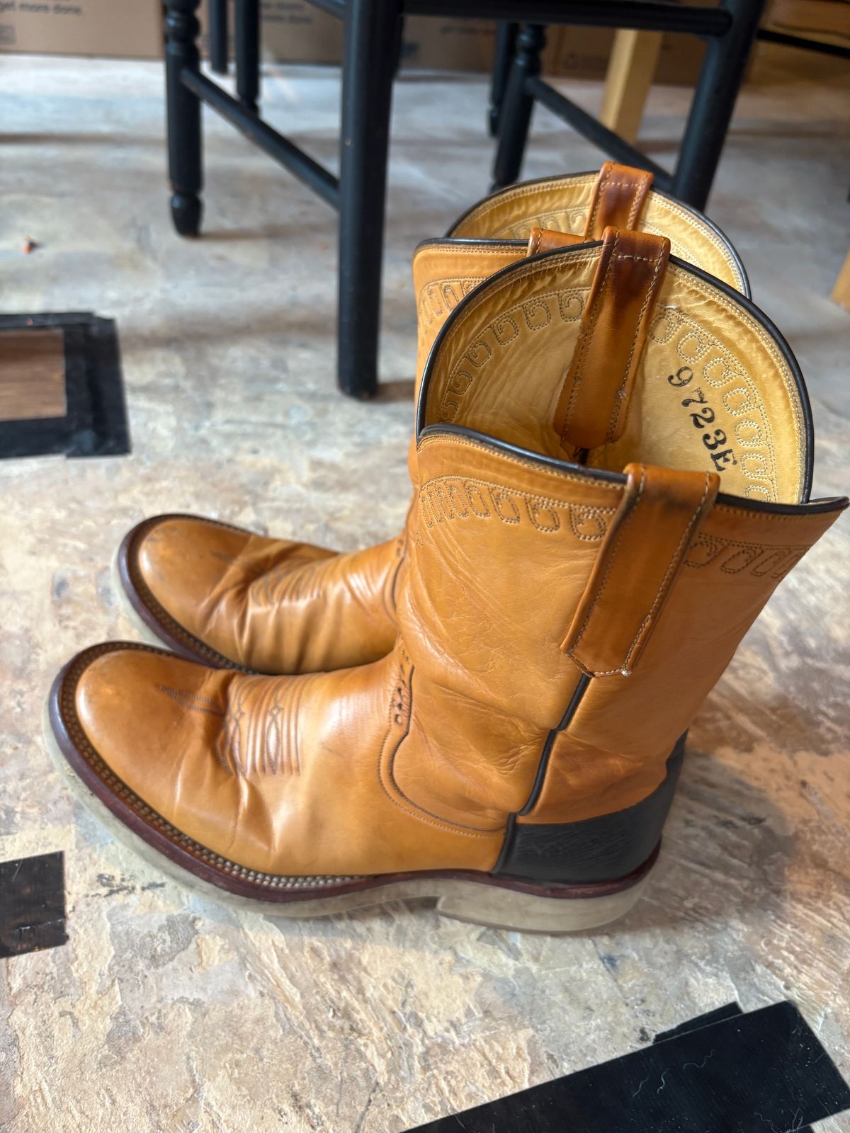 Photo by Glathan on July 4, 2025 of the Rios of Mercedes 9723E in Calf vamps and shafts. Sharkskin heel Counters.