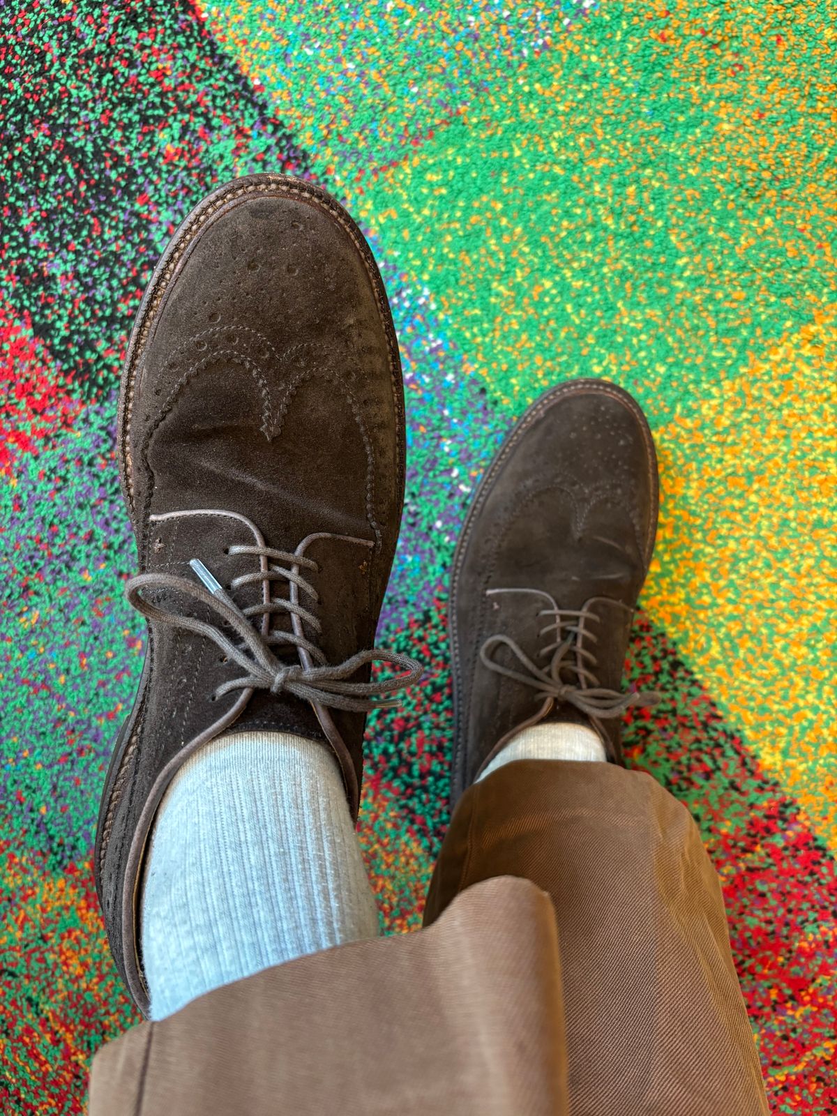 Photo by namawalla on August 22, 2025 of the Grant Stone Longwing in C.F. Stead Espresso Repello Calf Suede.