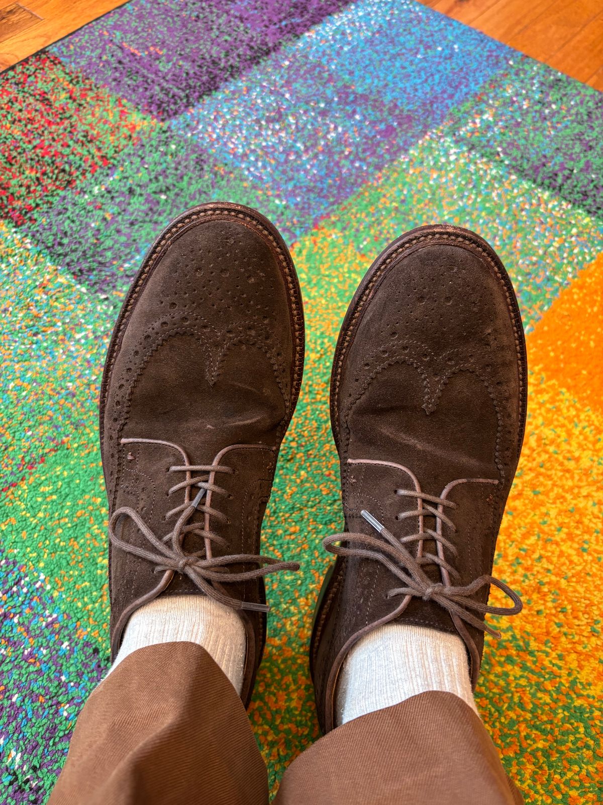 Photo by namawalla on August 22, 2025 of the Grant Stone Longwing in C.F. Stead Espresso Repello Calf Suede.