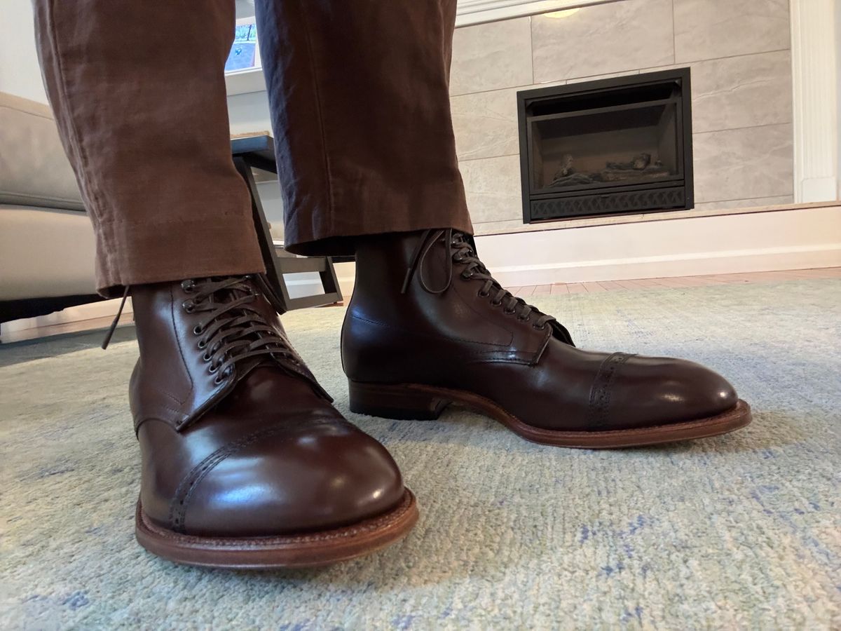 Photo by namawalla on August 20, 2025 of the Alden Perforated Cap Toe Boot in Brown Calfskin.
