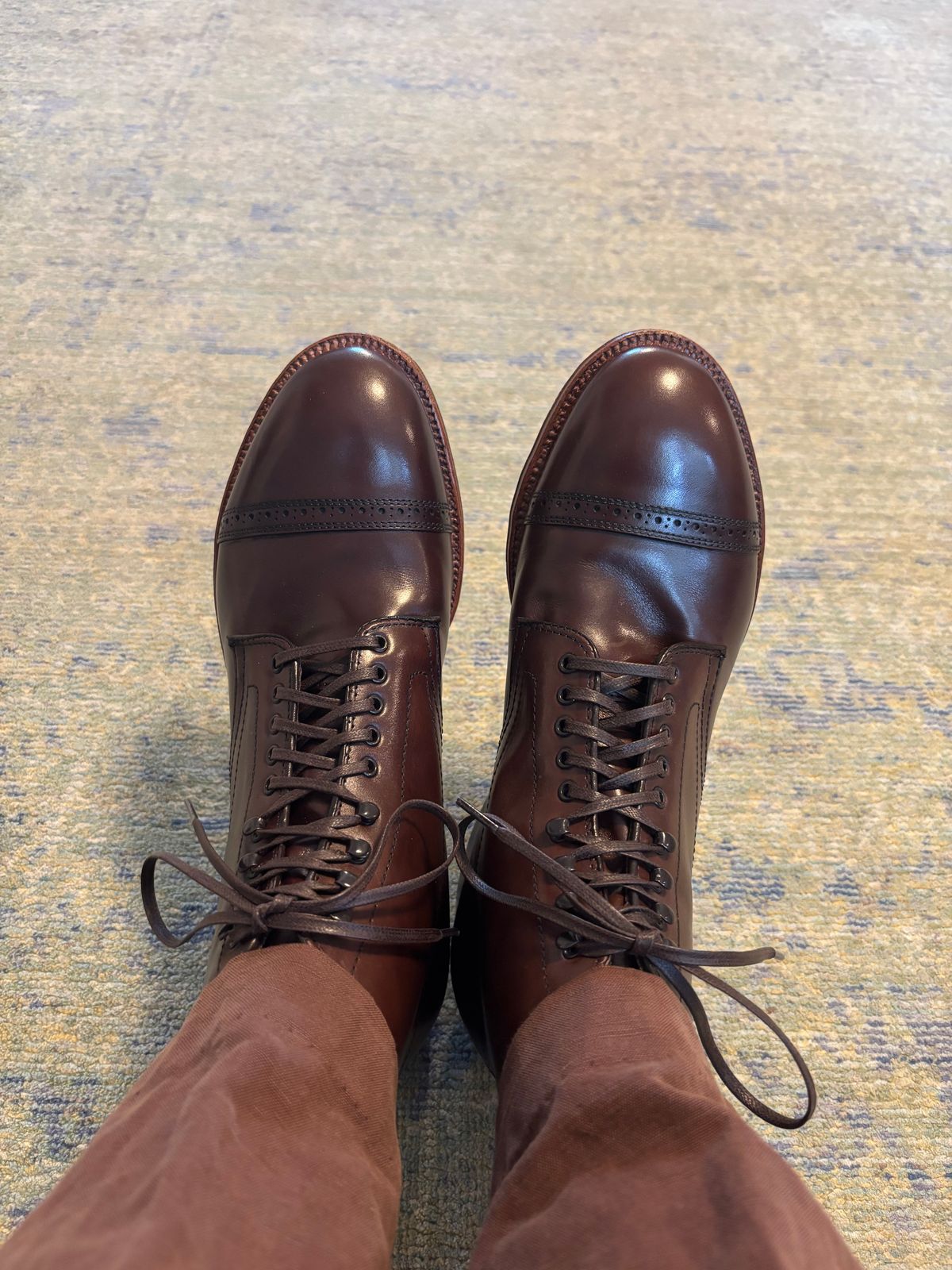 Photo by namawalla on August 20, 2025 of the Alden Perforated Cap Toe Boot in Brown Calfskin.