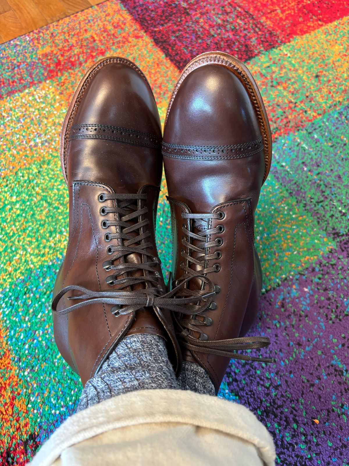 Photo by namawalla on August 25, 2025 of the Alden Perforated Cap Toe Boot in Brown Calfskin.
