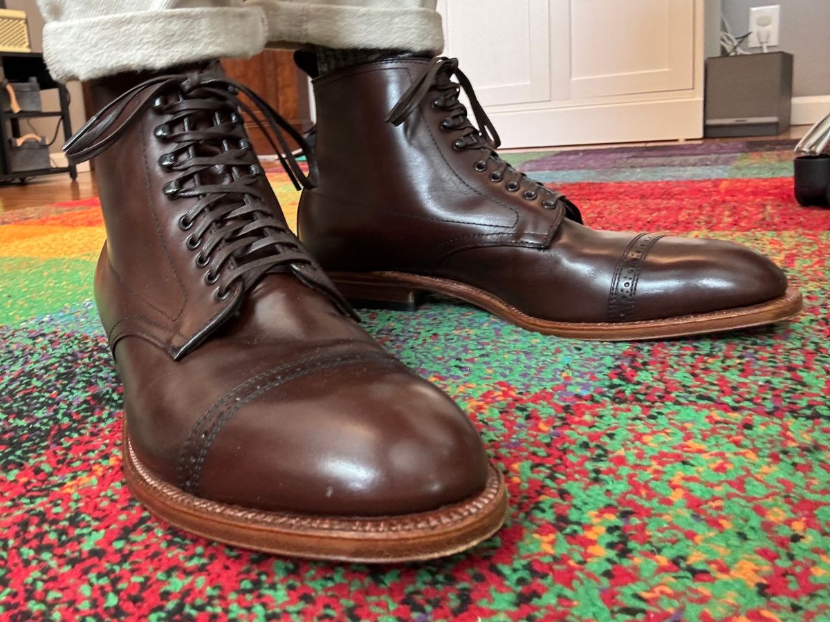 Photo by namawalla on August 25, 2025 of the Alden Perforated Cap Toe Boot in Brown Calfskin.
