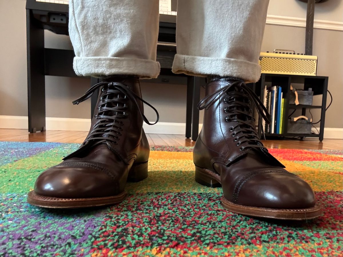 Photo by namawalla on August 25, 2025 of the Alden Perforated Cap Toe Boot in Brown Calfskin.