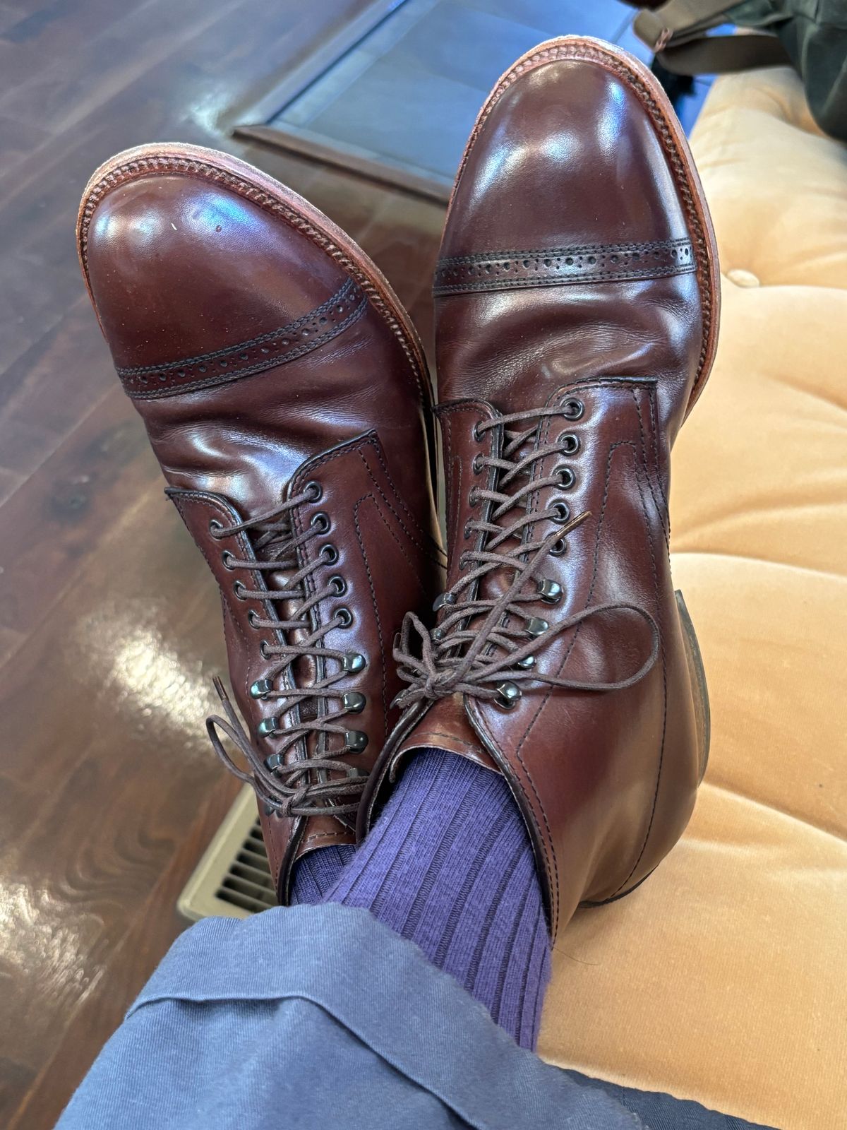 Photo by namawalla on October 8, 2025 of the Alden Perforated Cap Toe Boot in Brown Calfskin.