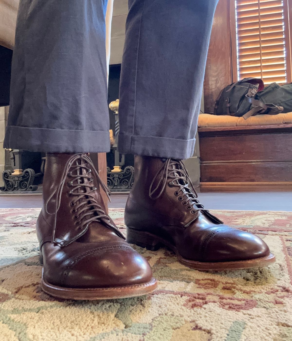 Photo by namawalla on October 8, 2025 of the Alden Perforated Cap Toe Boot in Brown Calfskin.