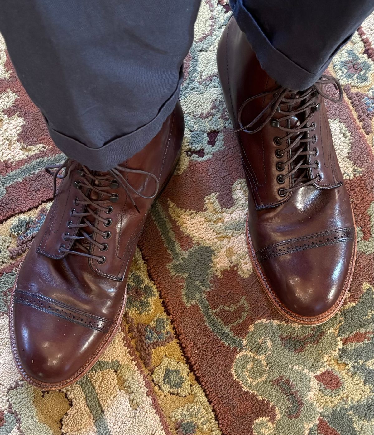 Photo by namawalla on October 8, 2025 of the Alden Perforated Cap Toe Boot in Brown Calfskin.