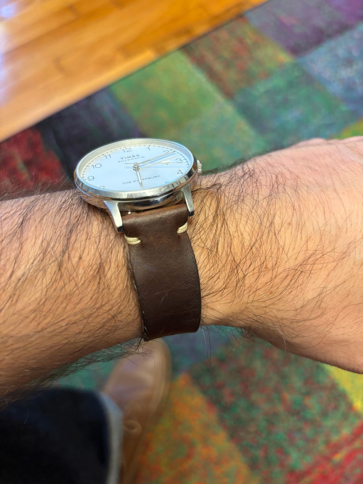 Photo by namawalla on September 2, 2025 of the One Star Leather Goods Watch Band in Horween Brown Chromexcel.