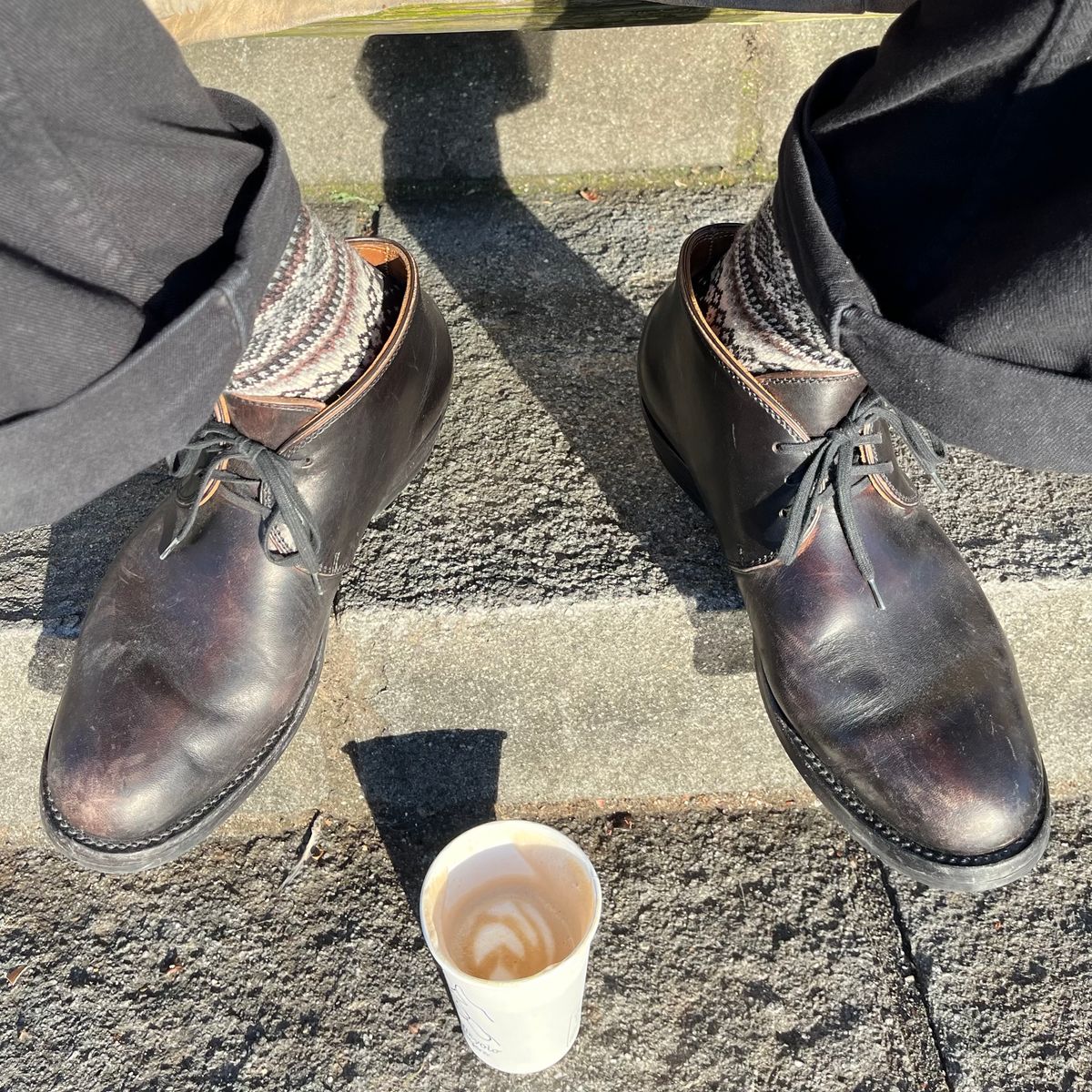 Photo by Sips on December 16, 2024 of the Flame Panda Chukkas in Maryam Natural Horsebutt Overdyed Brown then Black.