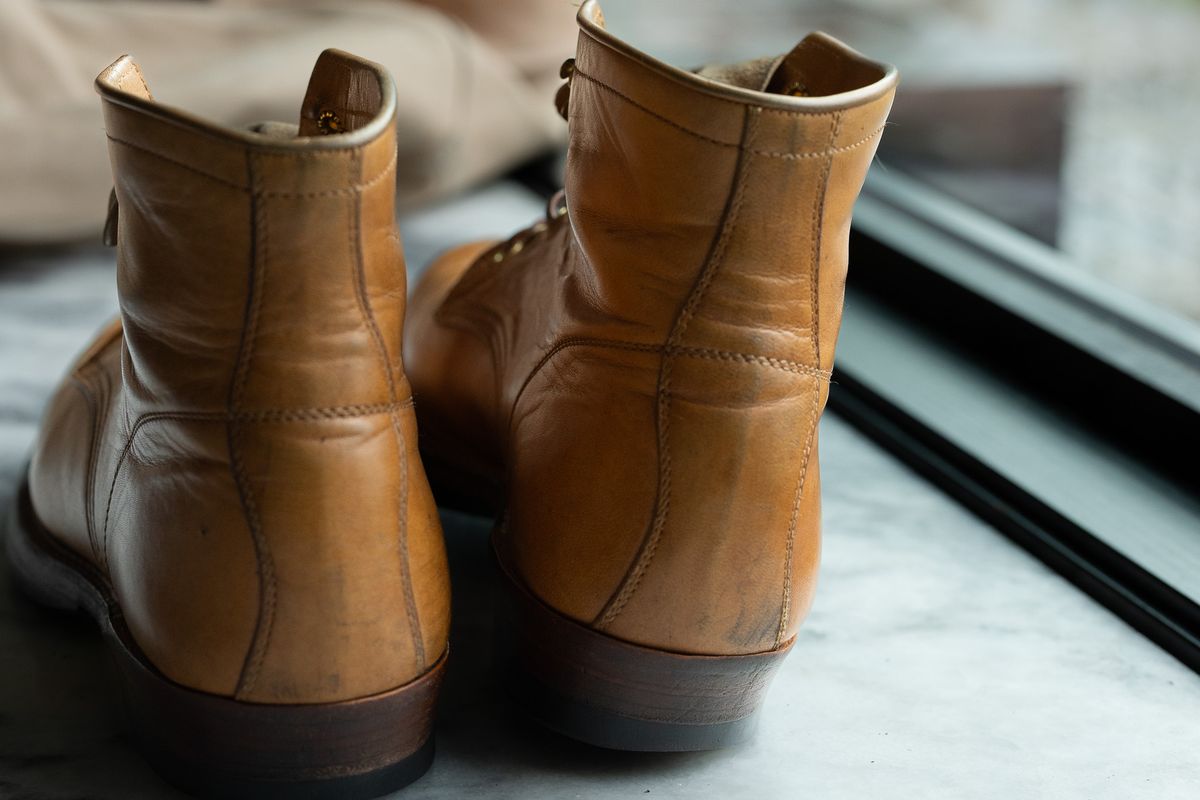 Photo by Tipples_and_drams on April 3, 2025 of the Y'2 Leather Work Boot in Kakishibu Horse (KS-02).
