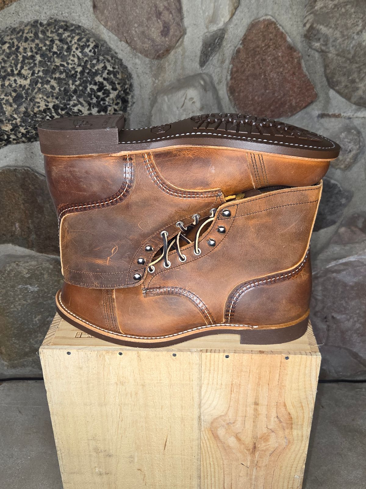 Photo by curtisheinze on September 15, 2025 of the Red Wing Iron Ranger in S.B. Foot Copper Rough and Tough & Horween Orange Predator.