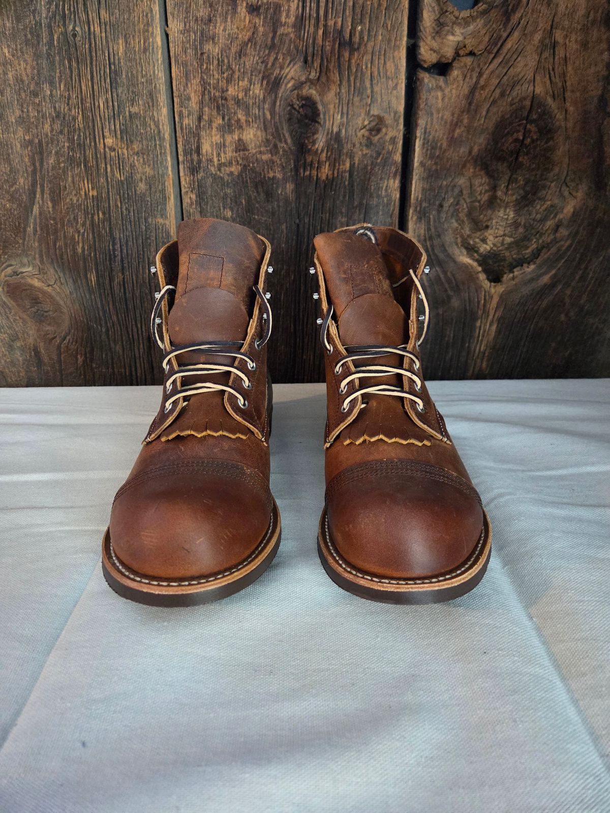 Photo by curtisheinze on October 1, 2025 of the Red Wing Iron Ranger in S.B. Foot Copper Rough and Tough & Horween Orange Predator.