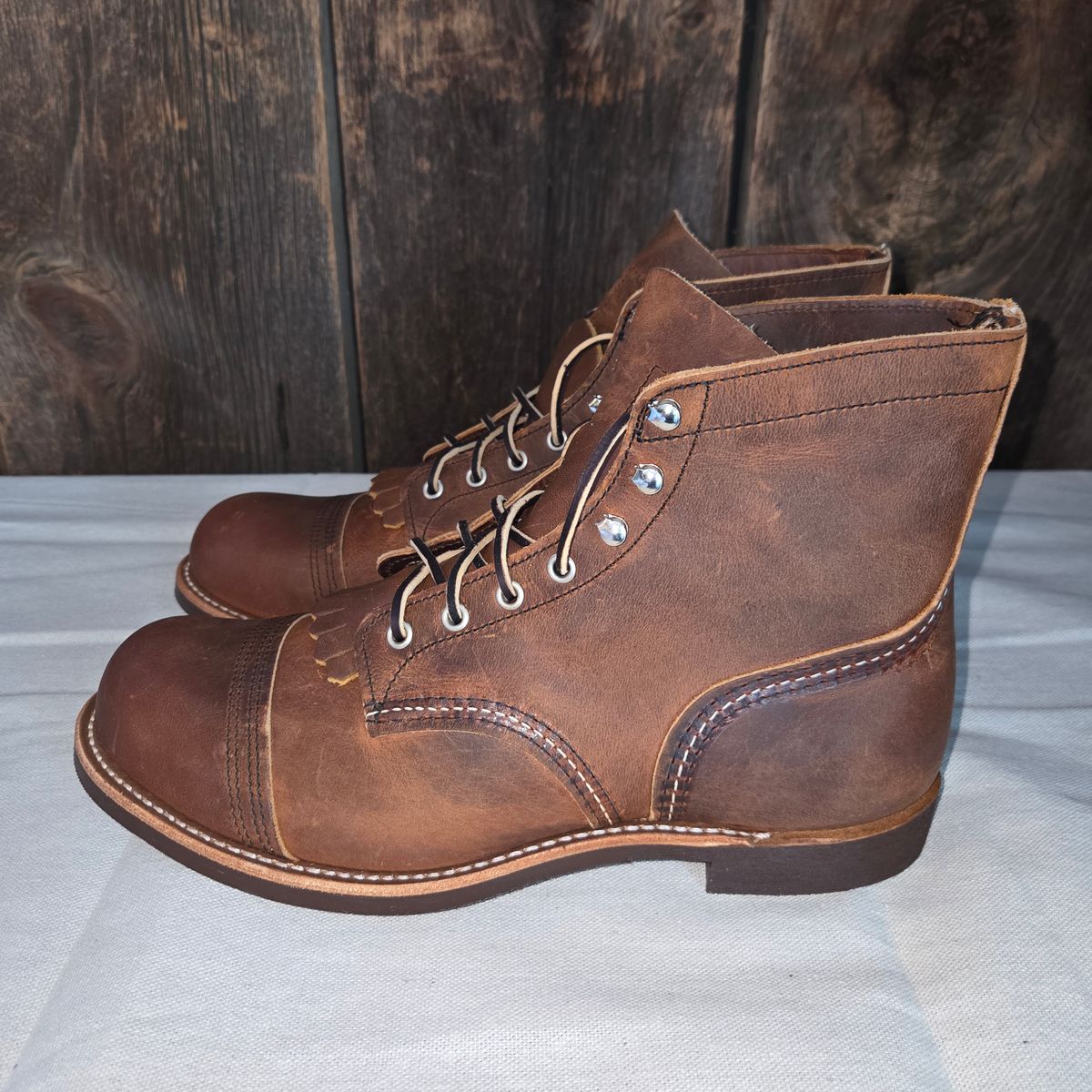 Photo by curtisheinze on October 1, 2025 of the Red Wing Iron Ranger in S.B. Foot Copper Rough and Tough & Horween Orange Predator.