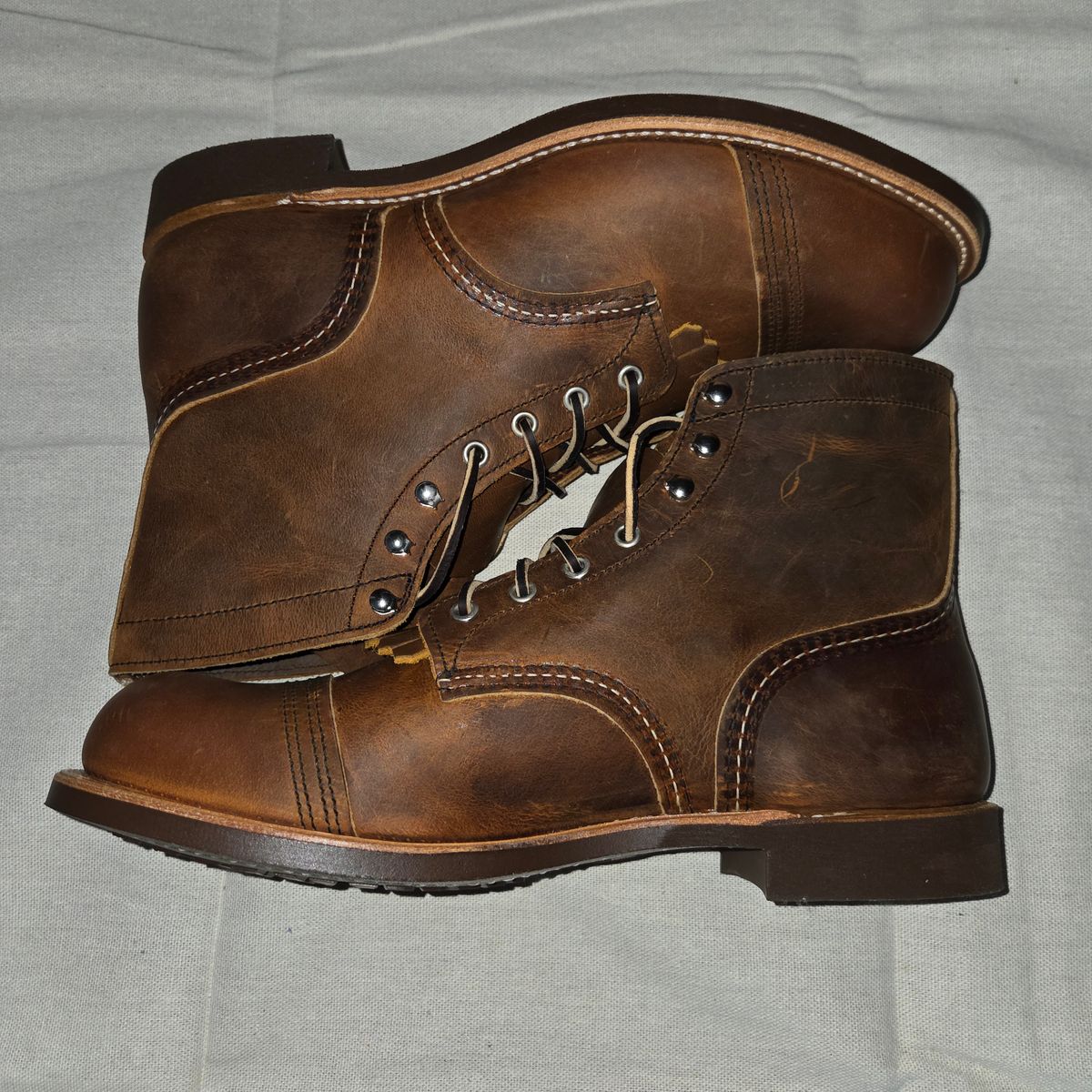 Photo by curtisheinze on October 1, 2025 of the Red Wing Iron Ranger in S.B. Foot Copper Rough and Tough & Horween Orange Predator.