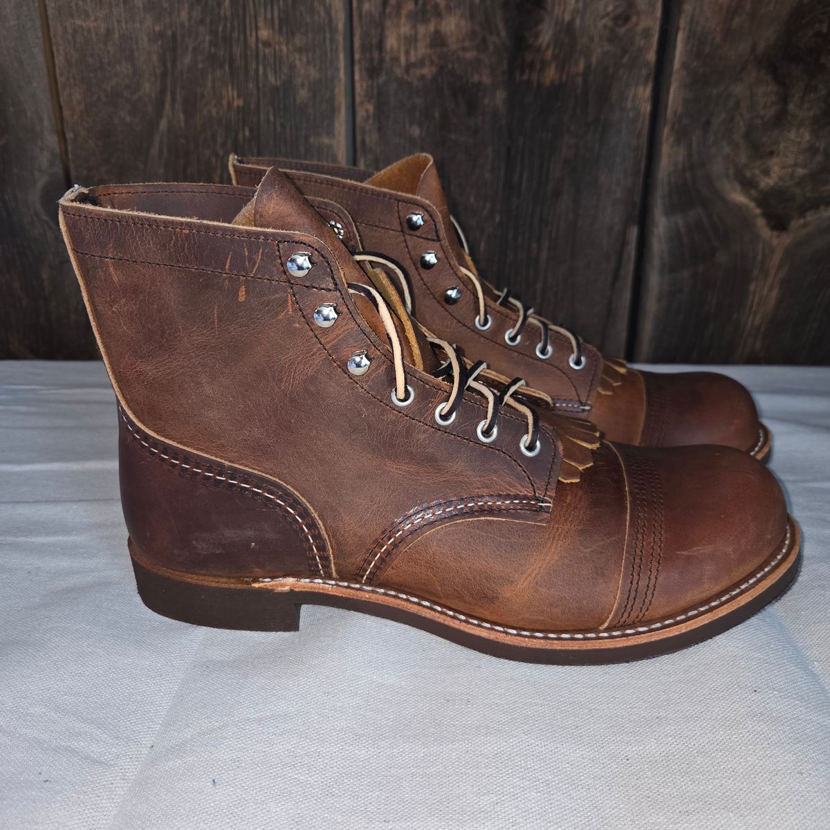 Photo by curtisheinze on October 1, 2025 of the Red Wing Iron Ranger in S.B. Foot Copper Rough and Tough & Horween Orange Predator.