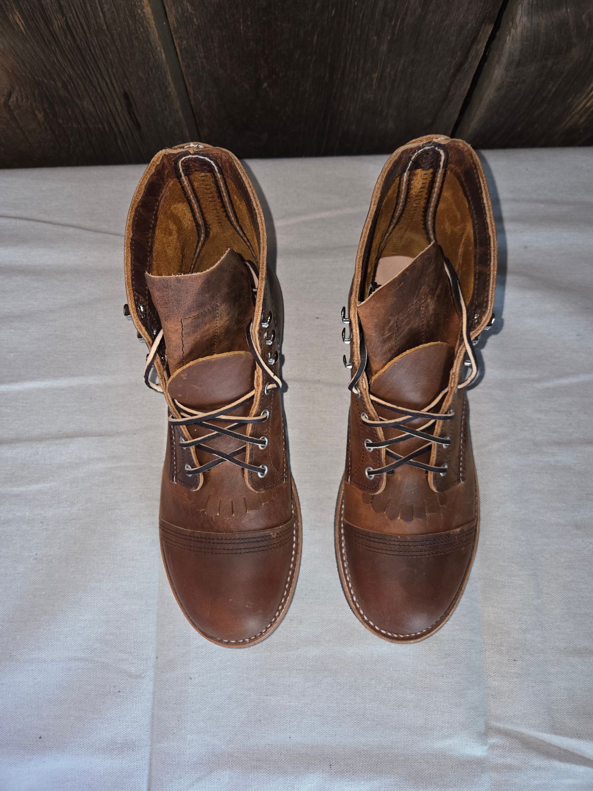 Photo by curtisheinze on October 1, 2025 of the Red Wing Iron Ranger in S.B. Foot Copper Rough and Tough & Horween Orange Predator.
