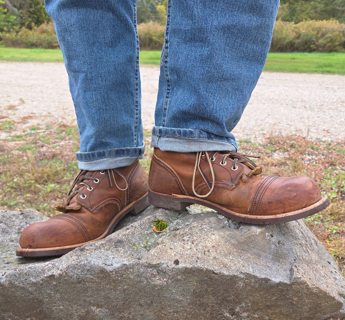 Photo by curtisheinze on October 15, 2025 of the Red Wing Iron Ranger in S.B. Foot Copper Rough and Tough & Horween Orange Predator.