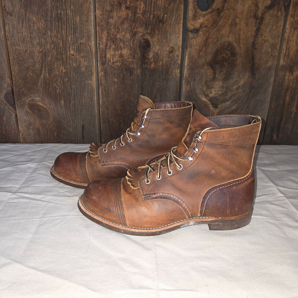 Photo by curtisheinze on November 2, 2025 of the Red Wing Iron Ranger in S.B. Foot Copper Rough and Tough & Horween Orange Predator.
