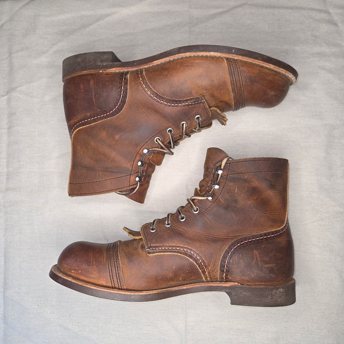 Photo by curtisheinze on November 2, 2025 of the Red Wing Iron Ranger in S.B. Foot Copper Rough and Tough & Horween Orange Predator.
