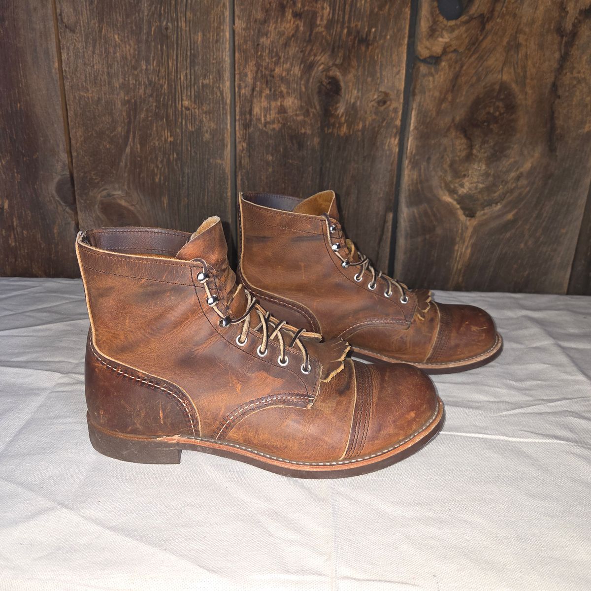 Photo by curtisheinze on November 2, 2025 of the Red Wing Iron Ranger in S.B. Foot Copper Rough and Tough & Horween Orange Predator.