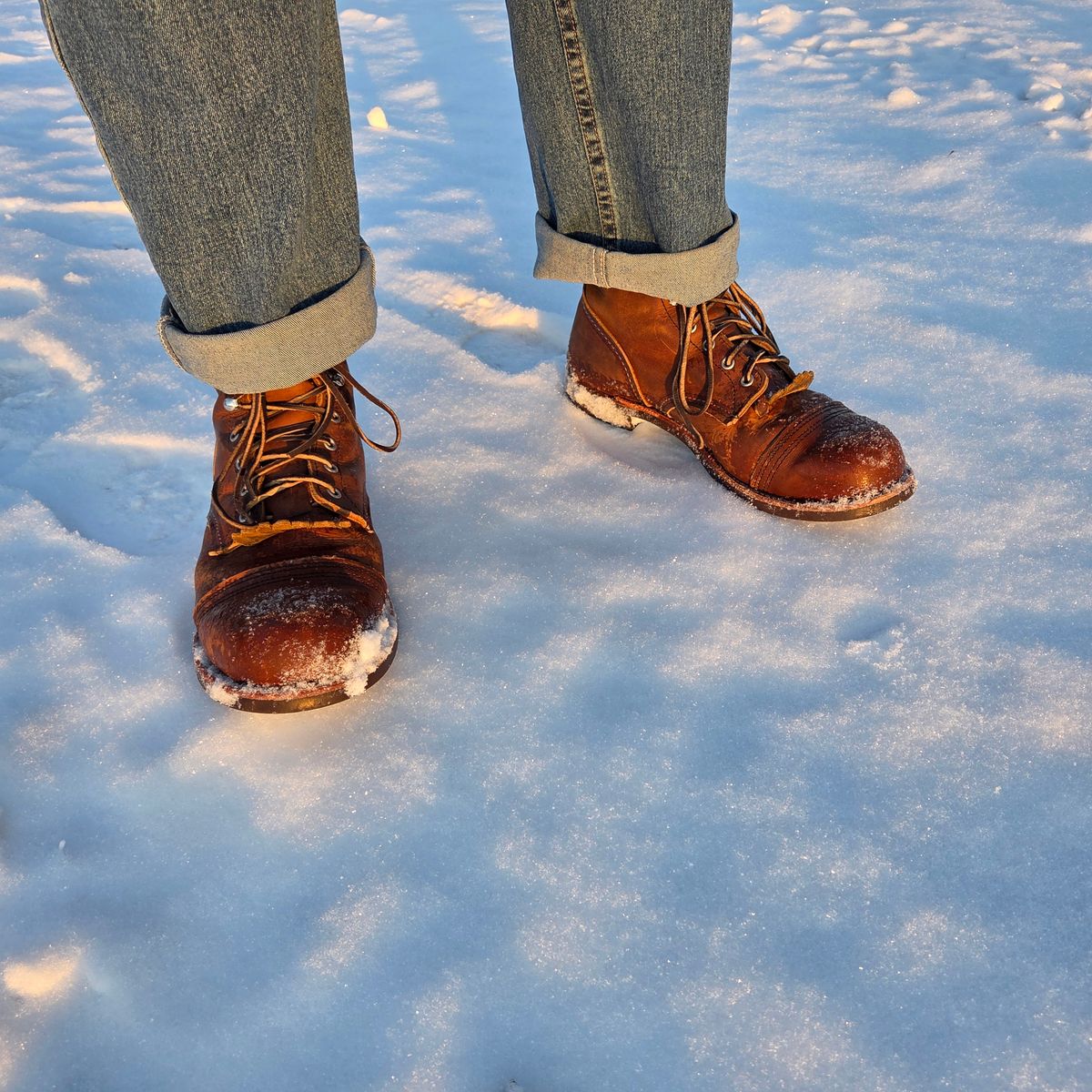Photo by curtisheinze on December 2, 2025 of the Red Wing Iron Ranger in S.B. Foot Copper Rough and Tough & Horween Orange Predator.