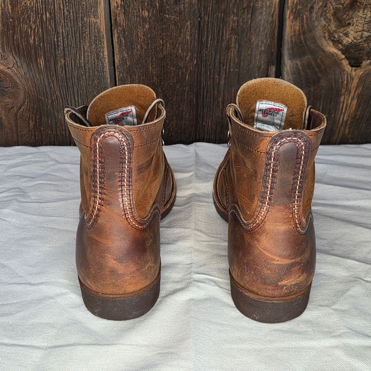 Photo by curtisheinze on December 1, 2025 of the Red Wing Iron Ranger in S.B. Foot Copper Rough and Tough & Horween Orange Predator.