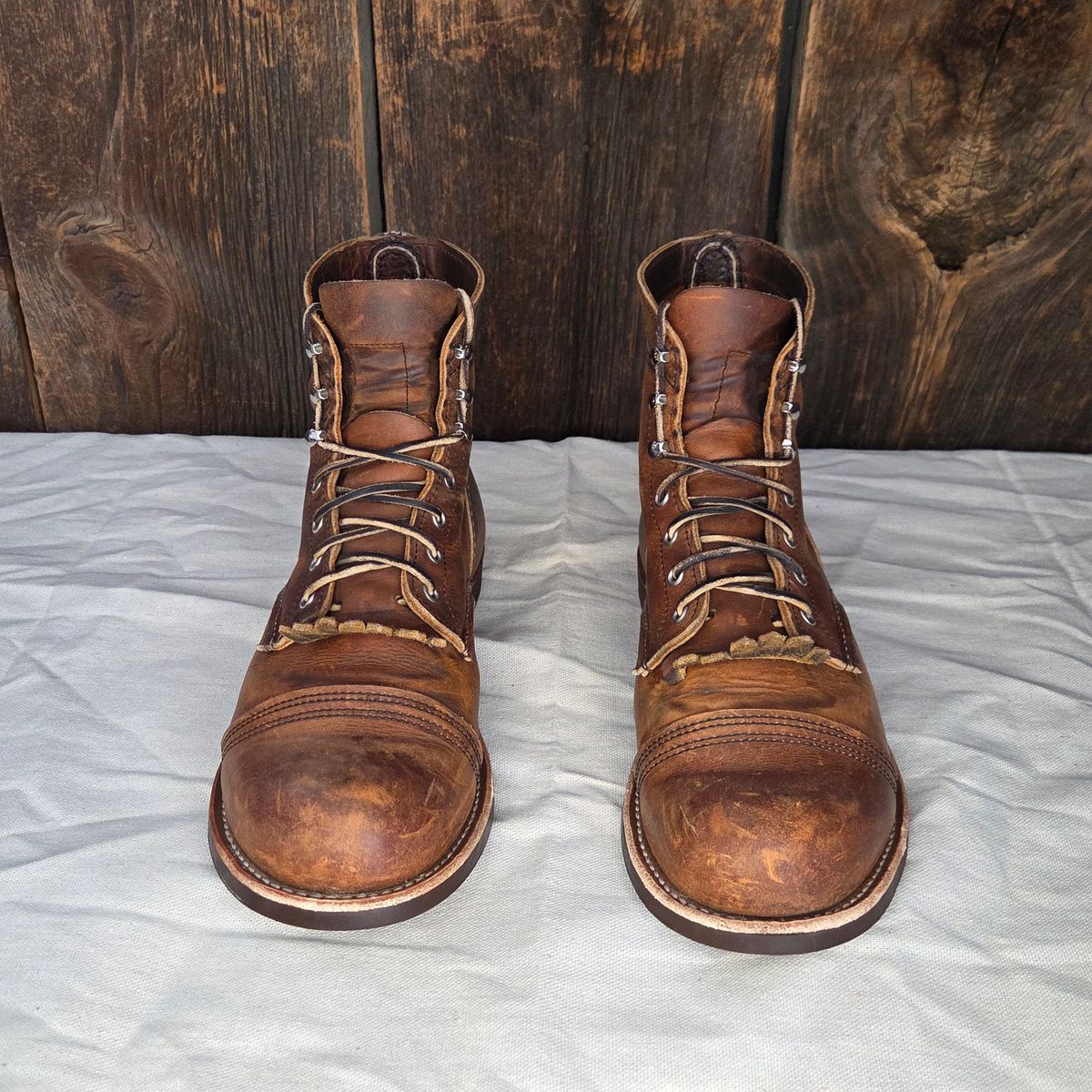 Photo by curtisheinze on December 1, 2025 of the Red Wing Iron Ranger in S.B. Foot Copper Rough and Tough & Horween Orange Predator.